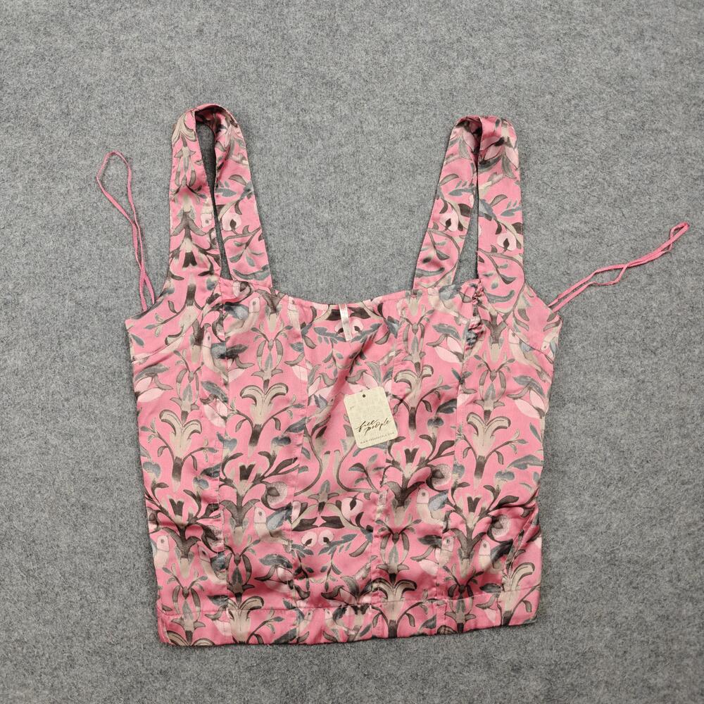 Free People Tank Womens Large Pink Cropped Satin Floral Square Neck Stretch
